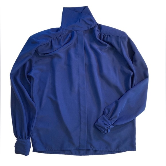 90s corporate style Royal blue blouse with wrap collar and ruched shoulder seams - Picture 1 of 4